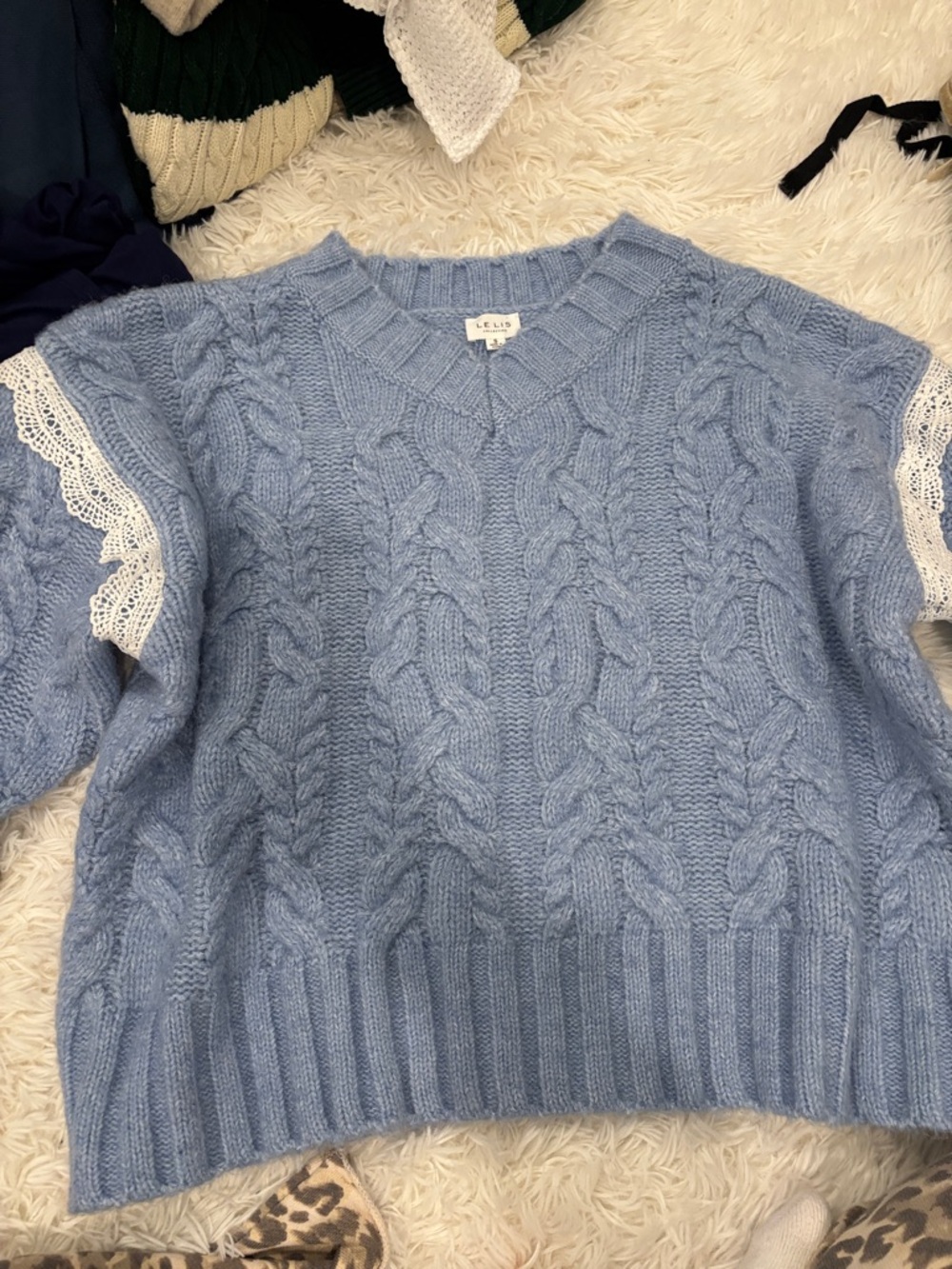 Le Lis Light Blue Cable-Knit V-Neck Sweater with White Lace Trim